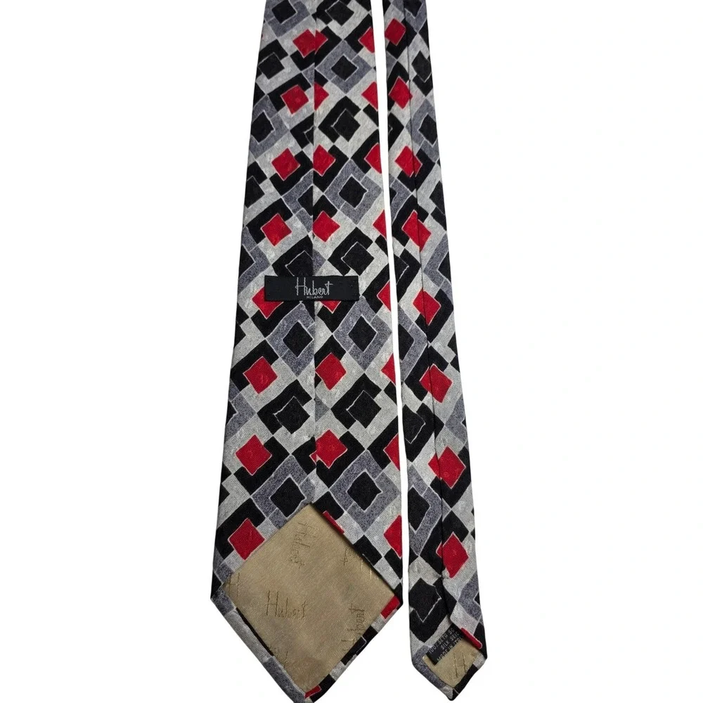 Hubert Milano Geometric Silk Tie Red Black‎ Gray Men's Luxury Italian Made